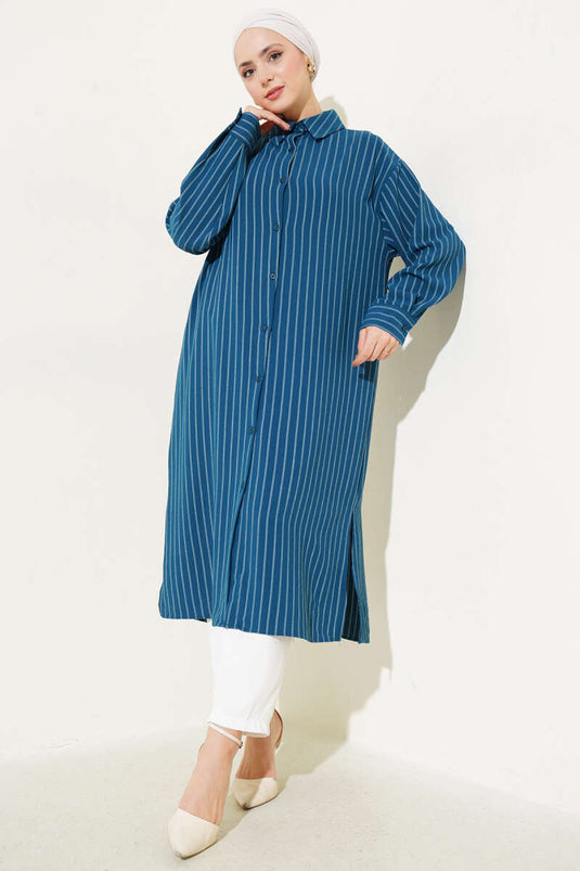 Camicia lunga a righe con spacchi laterali Petrolio