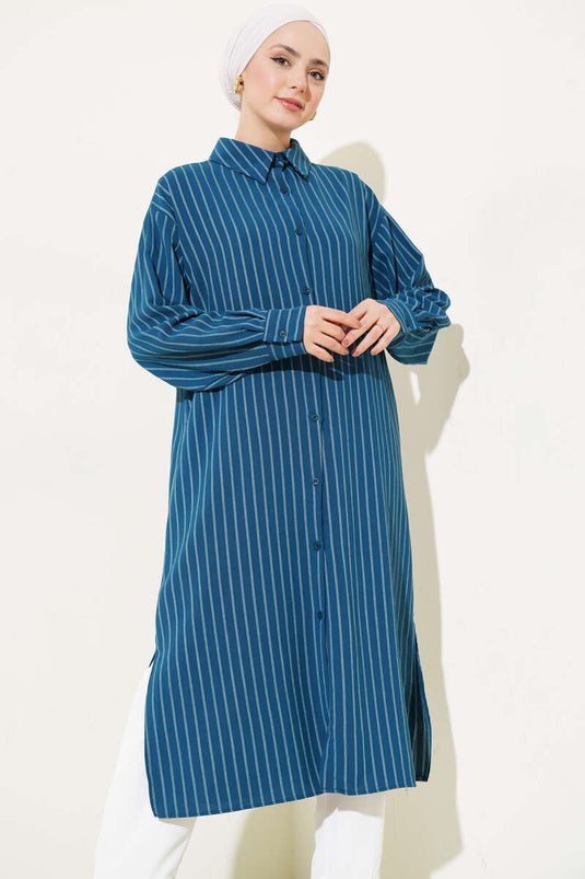 Camicia lunga a righe con spacchi laterali Petrolio