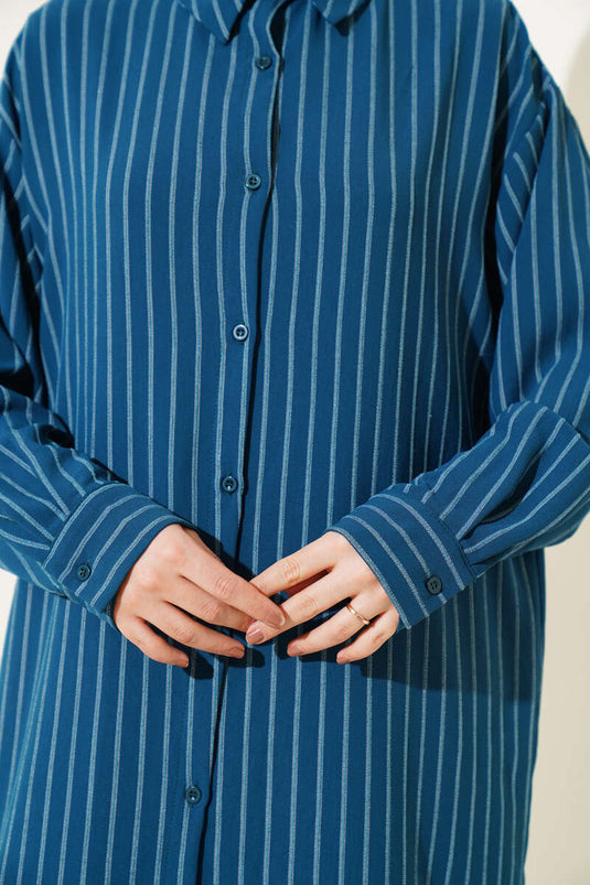 Camicia lunga a righe con spacchi laterali Petrolio