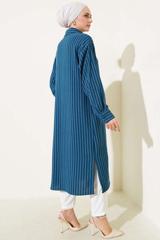 Camicia lunga a righe con spacchi laterali Petrolio