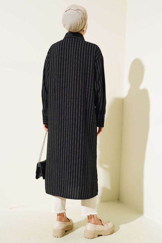 Side Slit Striped Long Shirt Black