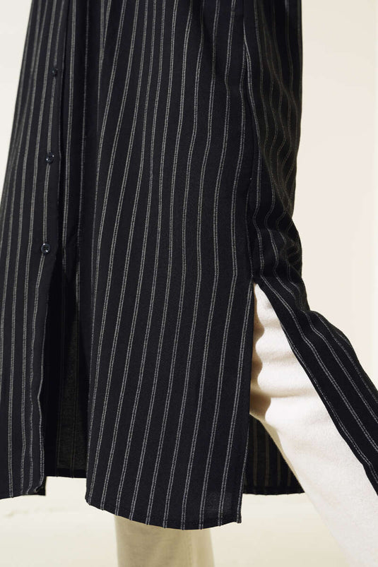 Side Slit Striped Long Shirt Black