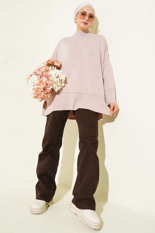 تونيك صوفي واسع بفتحة جانبية بلون بودرة