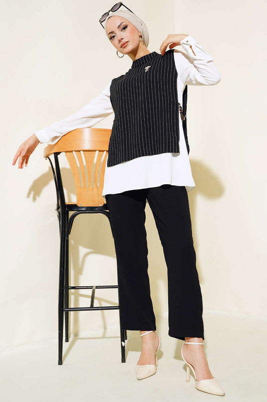 Yanları Aksesuarlı Çizgili Takım Siyah