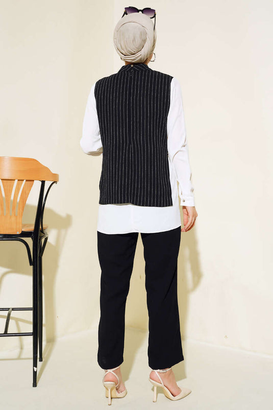 Yanları Aksesuarlı Çizgili Takım Siyah