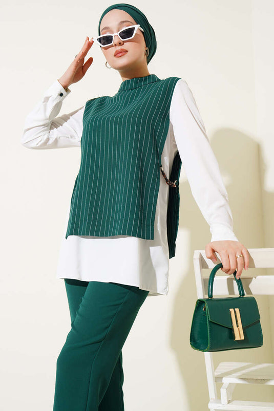 Yanları Aksesuarlı Çizgili Takım Yeşil