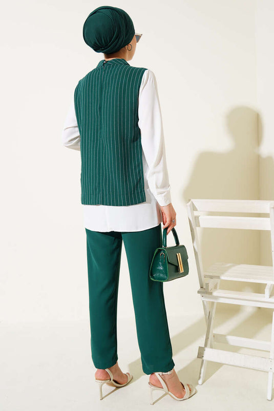Yanları Aksesuarlı Çizgili Takım Yeşil