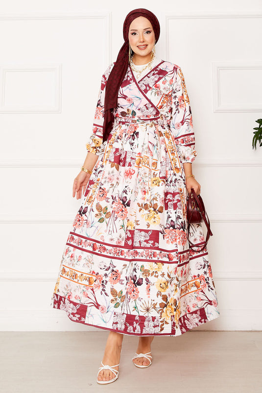 Costume en modal avec jupe nouée sur le côté rouge bordeaux