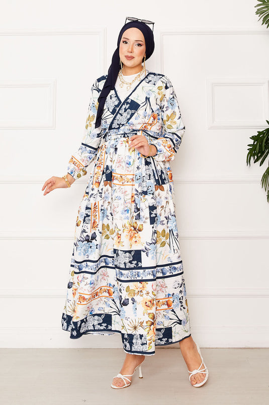 Costume en modal avec jupe nouée sur le côté bleu marine