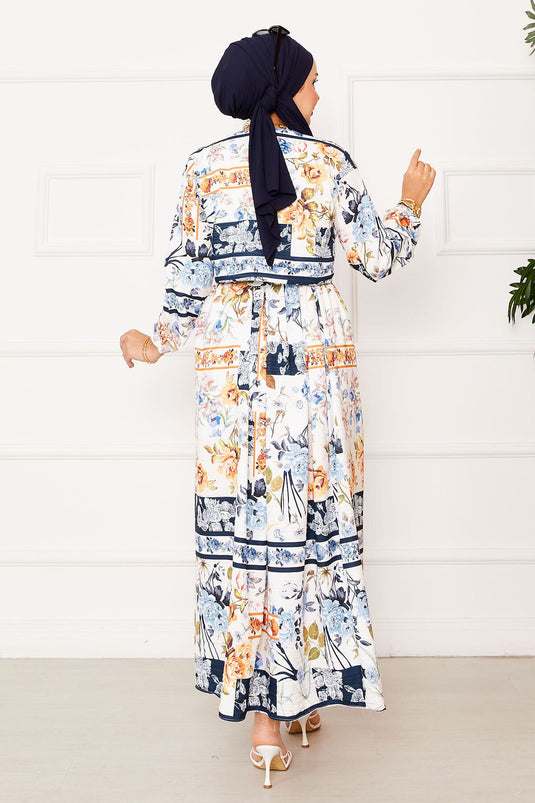 Costume en modal avec jupe nouée sur le côté bleu marine