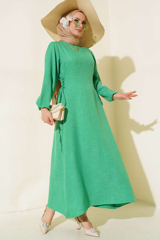 Side Tie Linned Kjole Grøn