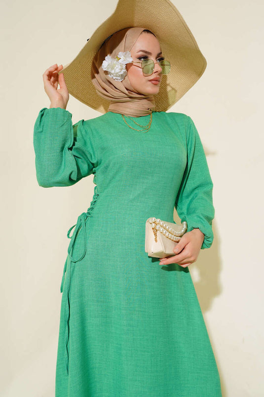 Side Tie Linned Kjole Grøn