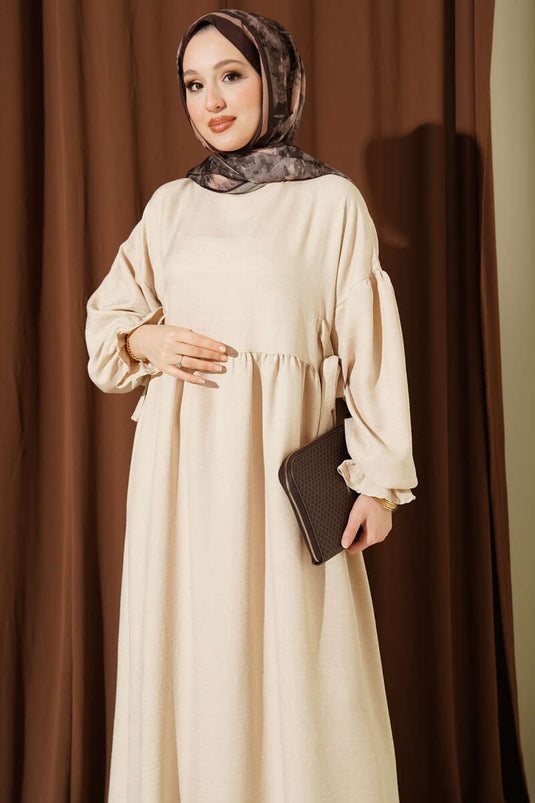 Beige Flared Dress with Side Ties