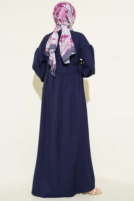 Navy Blue Flared Dress with Side Ties