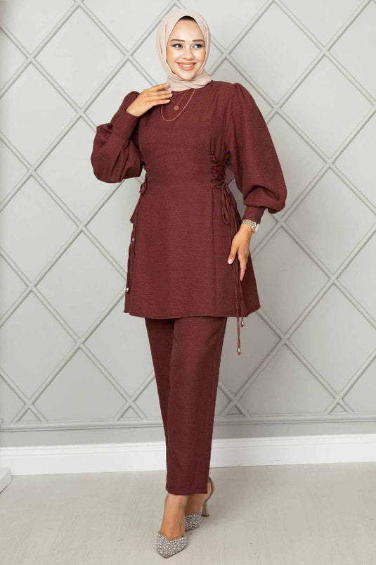 Costume deux pièces hijab en lin noué sur le côté rouge bordeaux