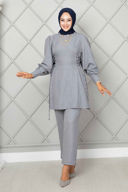 بدلة حجاب كتان مربوطة من الجانب باللون الرمادي