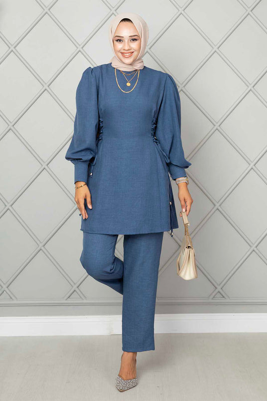 Side Tied Linen Hijab Two Piece Set Indigo