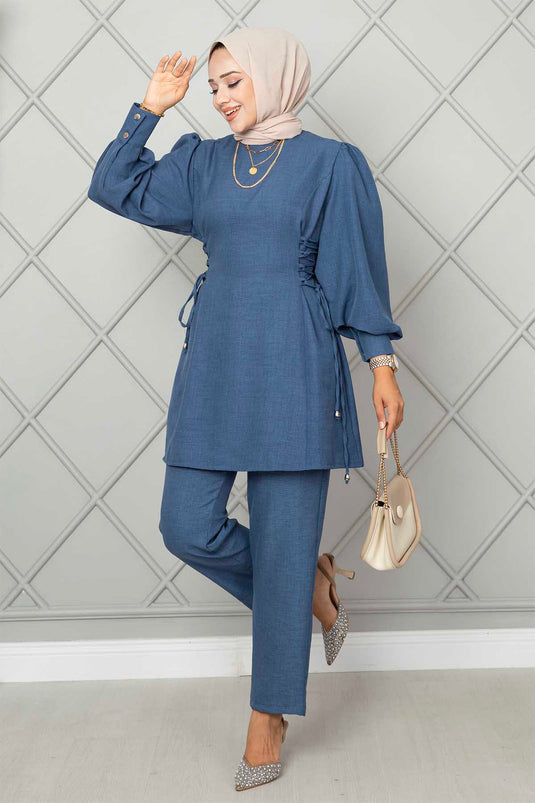 Side Tied Linen Hijab Two Piece Set Indigo