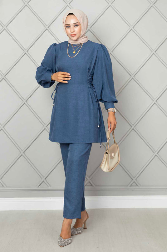 Side Tied Linen Hijab Two Piece Set Indigo