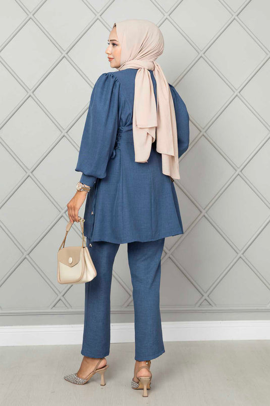 Side Tied Linen Hijab Two Piece Set Indigo