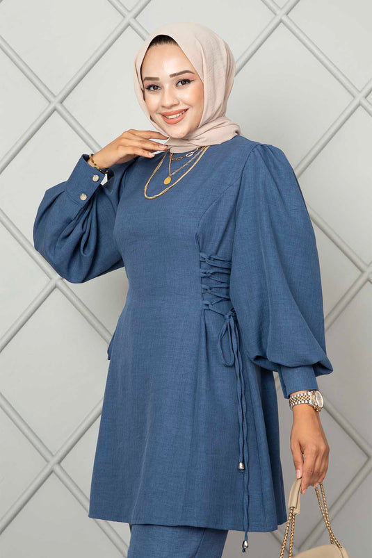 Side Tied Linen Hijab Two Piece Set Indigo