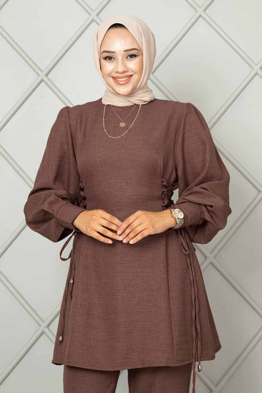 Ensemble hijab en lin noué sur le côté deux pièces marron