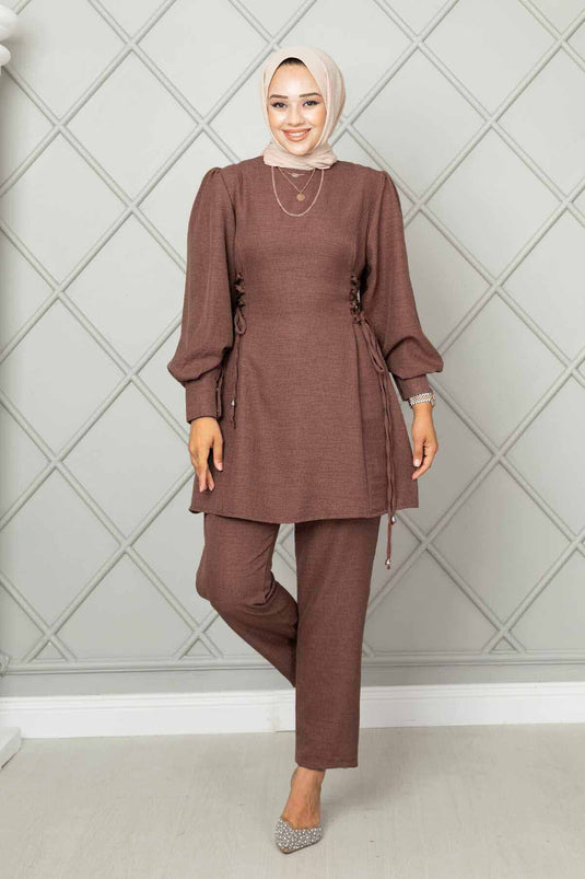 Ensemble hijab en lin noué sur le côté deux pièces marron