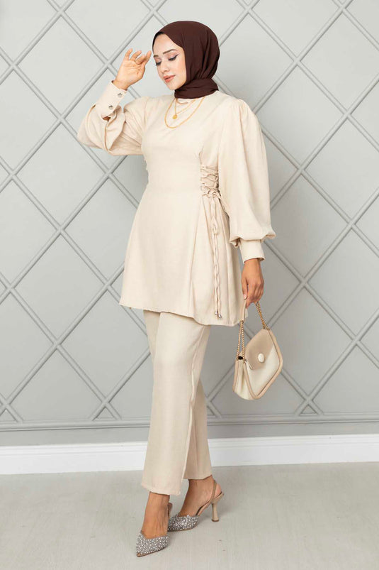 Side Tied Linen Hijab Two Piece Set Stone
