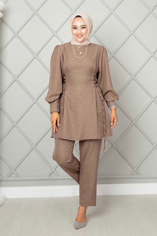 Hijab in lino con lacci laterali, set da due pezzi color latte