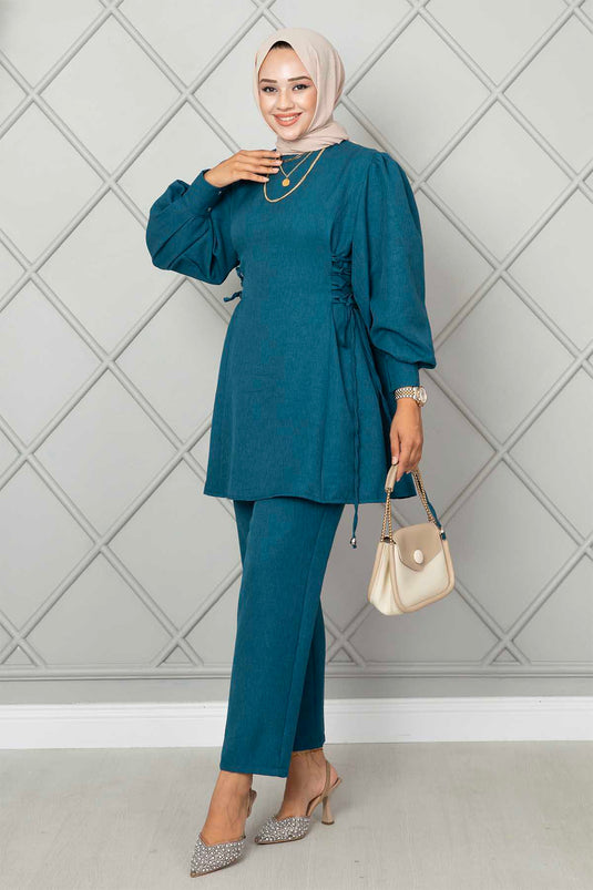 Ensemble deux pièces hijab en lin à nouer sur le côté, couleur pétrole