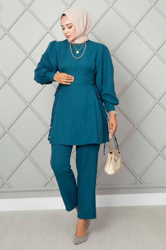Side Tie Linen Hijab Two Piece Set Petrol