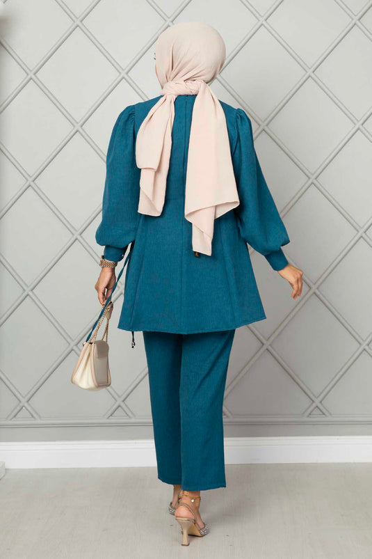 Side Tie Linen Hijab Two Piece Set Petrol