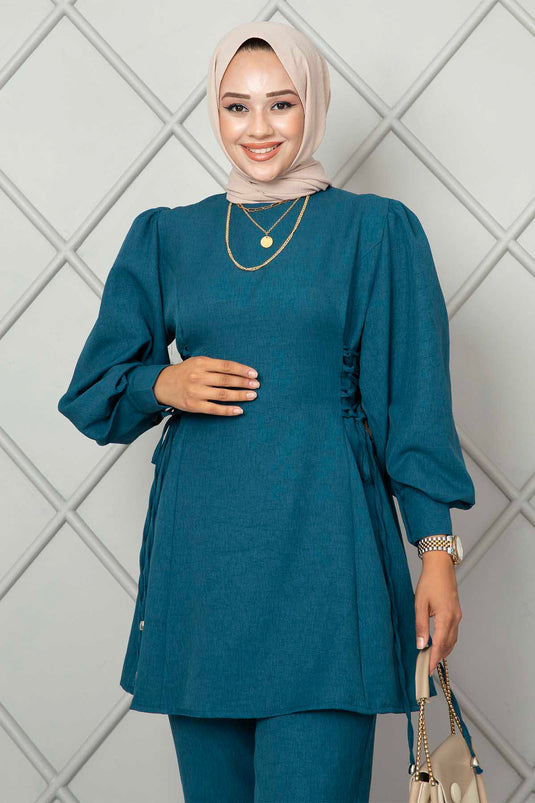 Ensemble deux pièces hijab en lin à nouer sur le côté, couleur pétrole