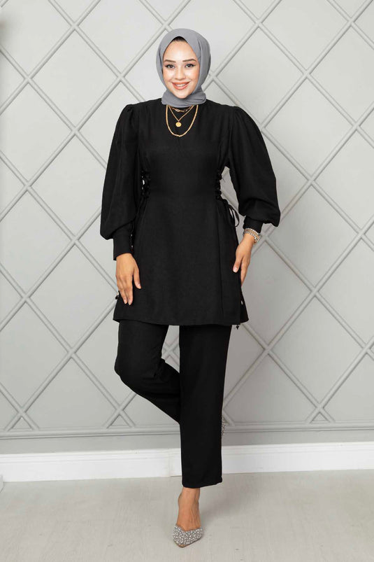 Costume Double Hijab En Lin Noué Sur Le Côté Noir