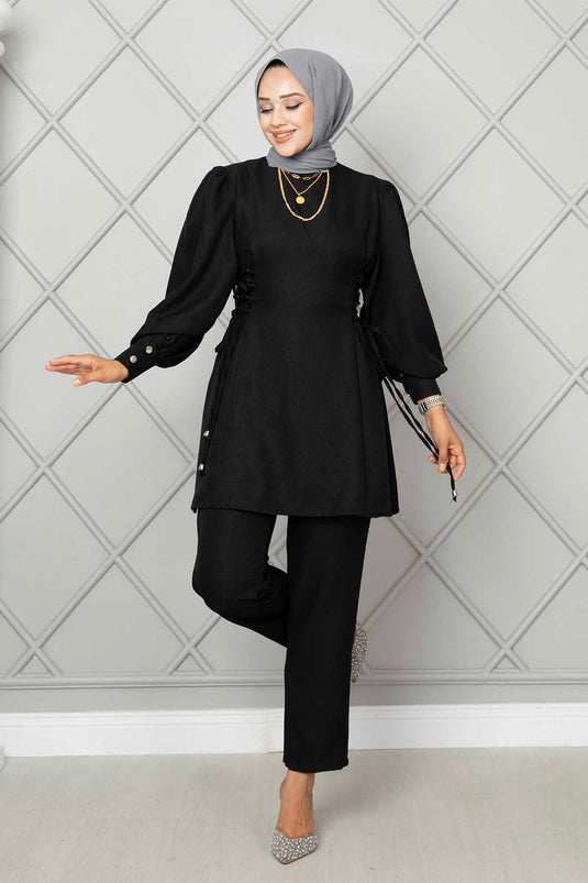 Costume Double Hijab En Lin Noué Sur Le Côté Noir