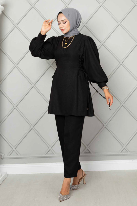 Costume Double Hijab En Lin Noué Sur Le Côté Noir