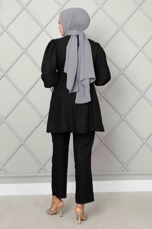 Costume Double Hijab En Lin Noué Sur Le Côté Noir