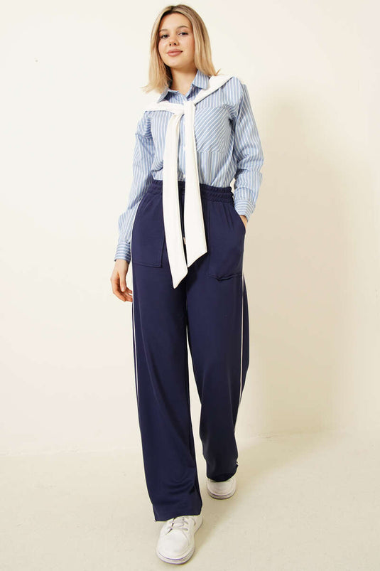 Yanları Biyeli Beli Lastikli Loyşa Pantolon Lacivert