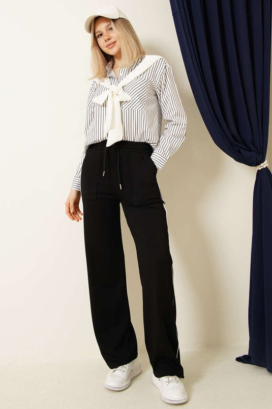 Yanları Biyeli Beli Lastikli Loyşa Pantolon Siyah