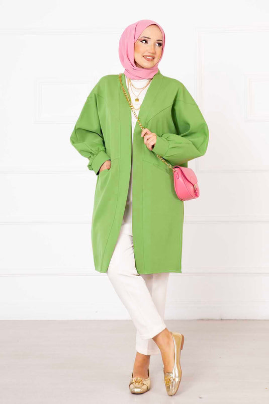 جاكيت حجاب أطلس مع جيوب جانبية باللون الأخضر الفستقي