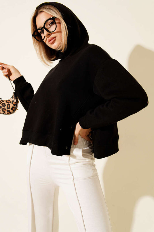 Black Fleece Sweatshirt with Snap Buttons on the Sides