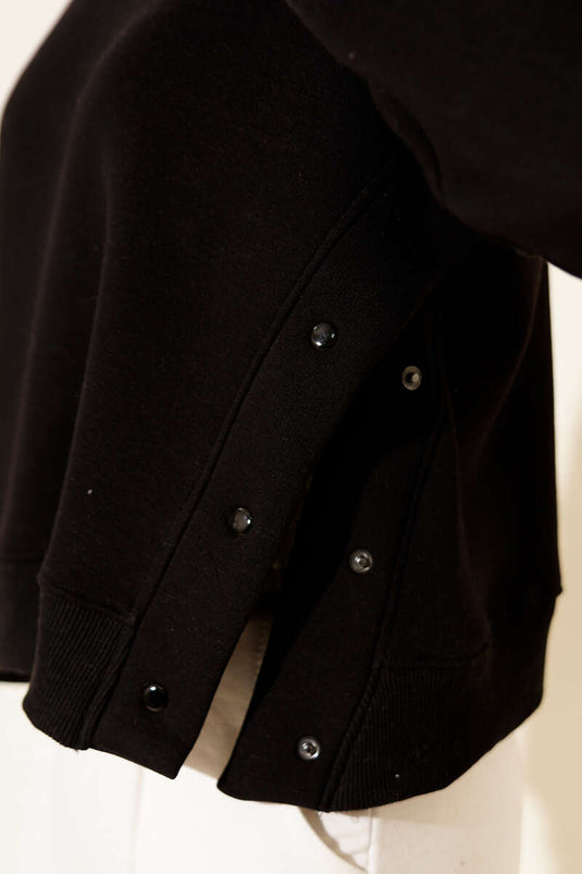 Black Fleece Sweatshirt with Snap Buttons on the Sides