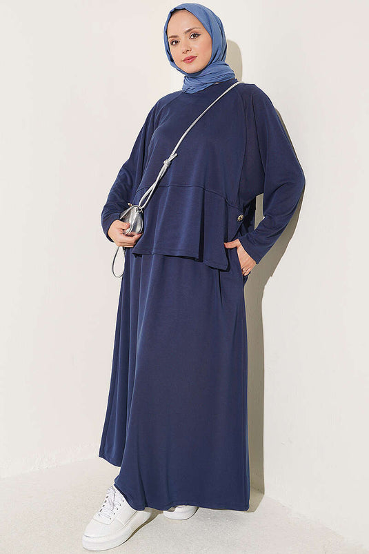 Ensemble Deux Pièces Jupe Détails Boutons Bleu Marine