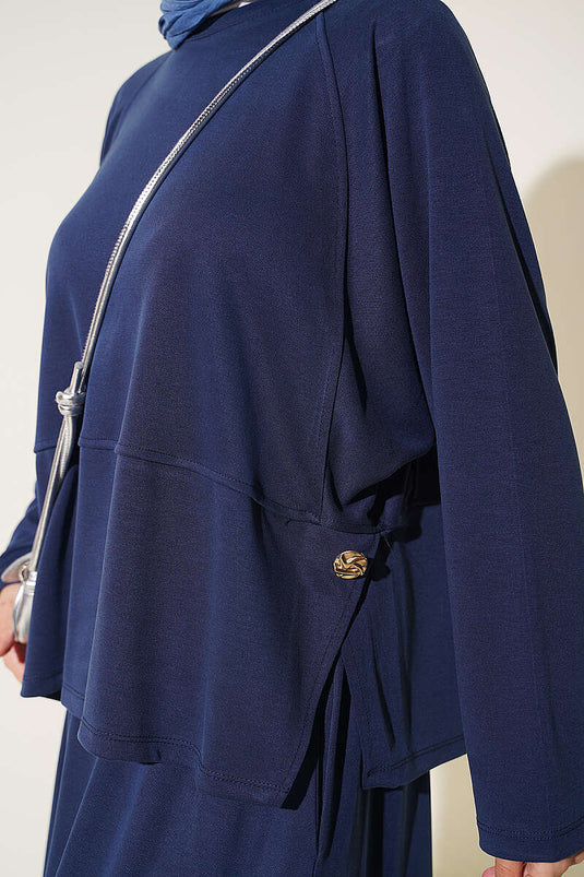 Ensemble Deux Pièces Jupe Détails Boutons Bleu Marine