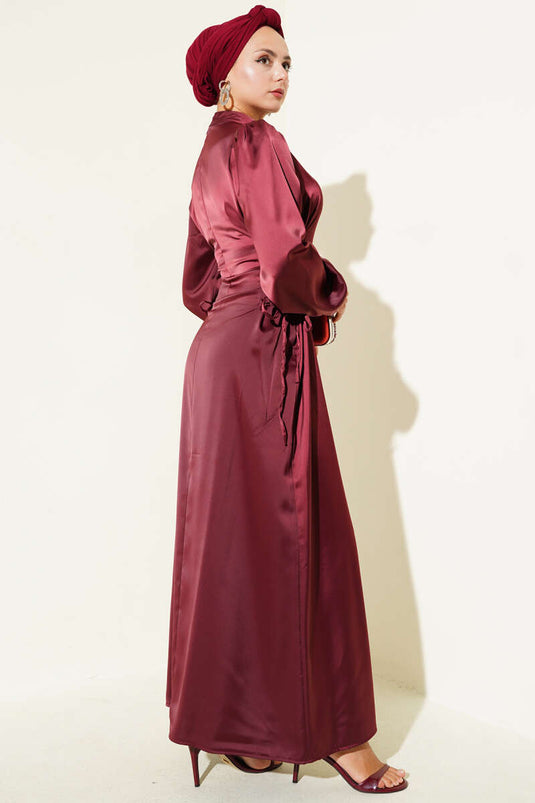 Yanları İp Bağcık Detaylı Saten Elbise Bordo