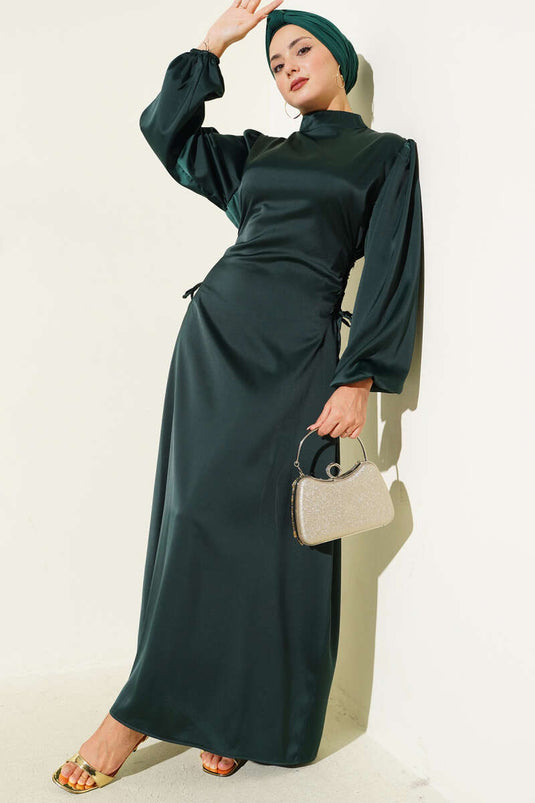 Satin Dress with Side Lace Detail Emerald