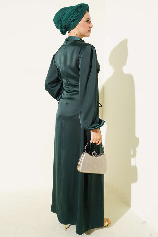 Satin Dress with Side Lace Detail Emerald