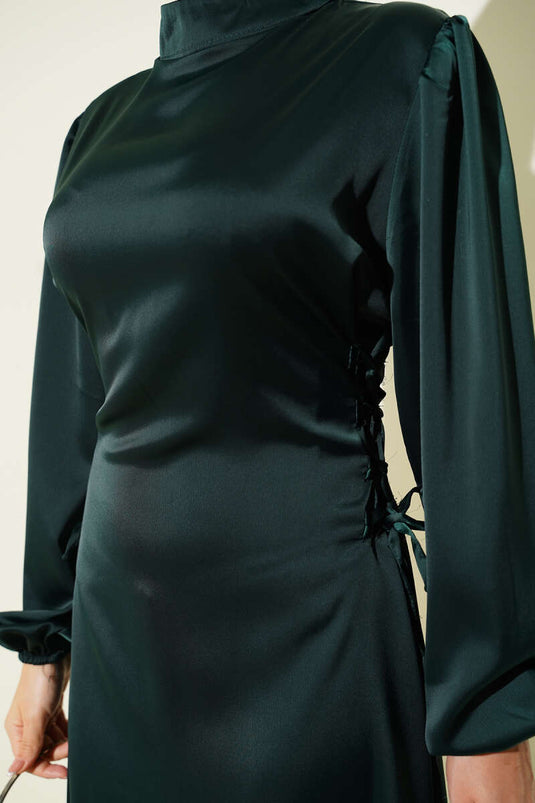 Satin Dress with Side Lace Detail Emerald