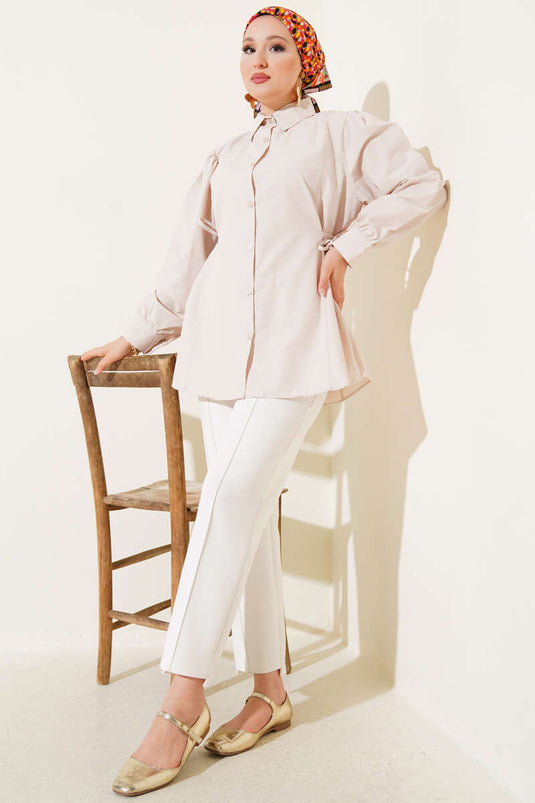 Basic Shirt with Side Rope Ties Beige