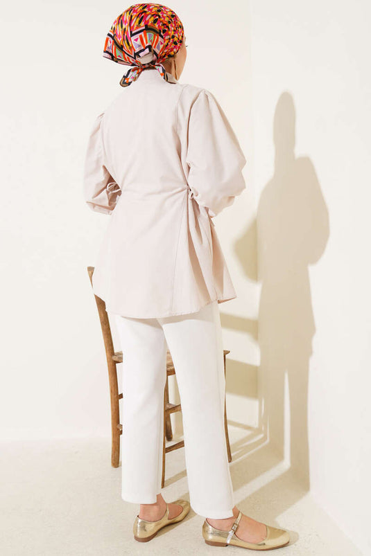 Basic Shirt with Side Rope Ties Beige